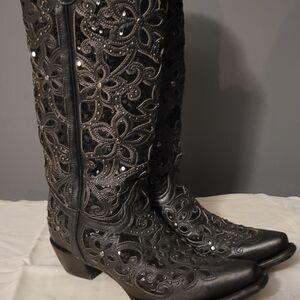 Chic Black Floral Women's Sequin Inlay Western Boots